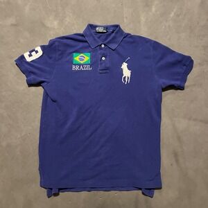 Polo Ralph Lauren Mens Big Pony Brazil Flag Polo Shirt Blue Purple Small